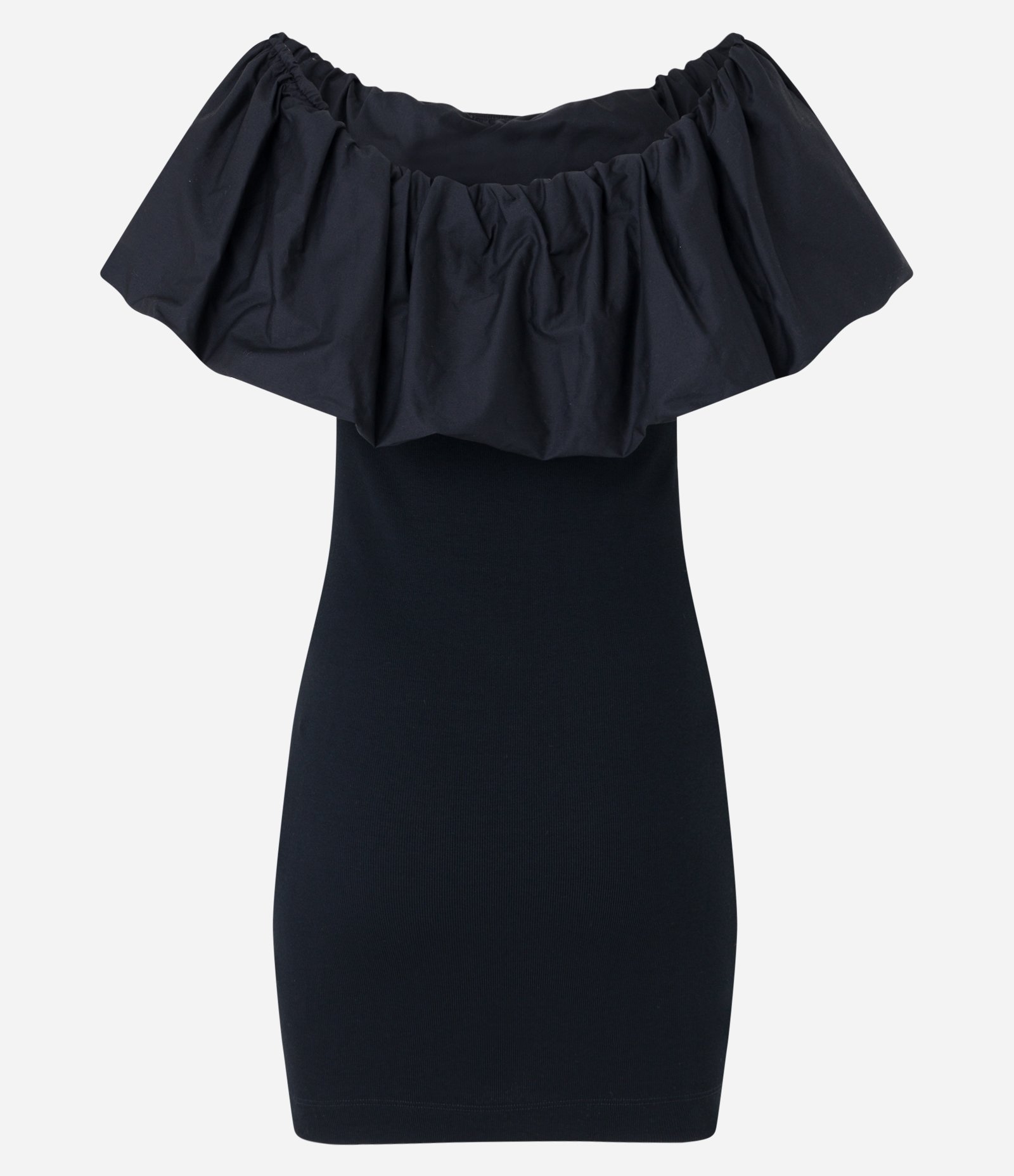 Vestido Curto em Ribana com Ombro a Ombro Bufante Preto 7