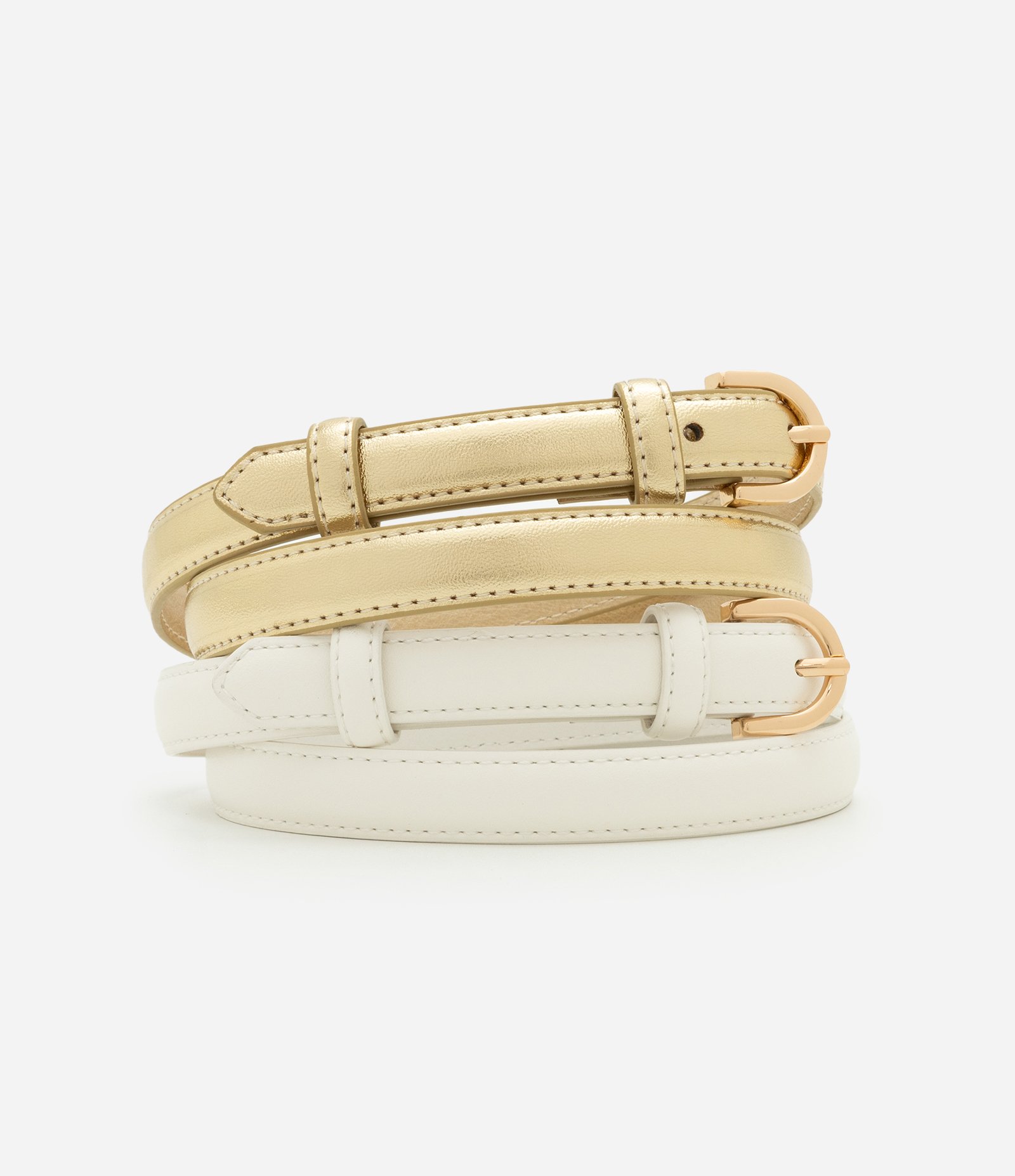 Kit 02 Cintos Finos com Fivelas Arredondadas Dourado/ Off White 1