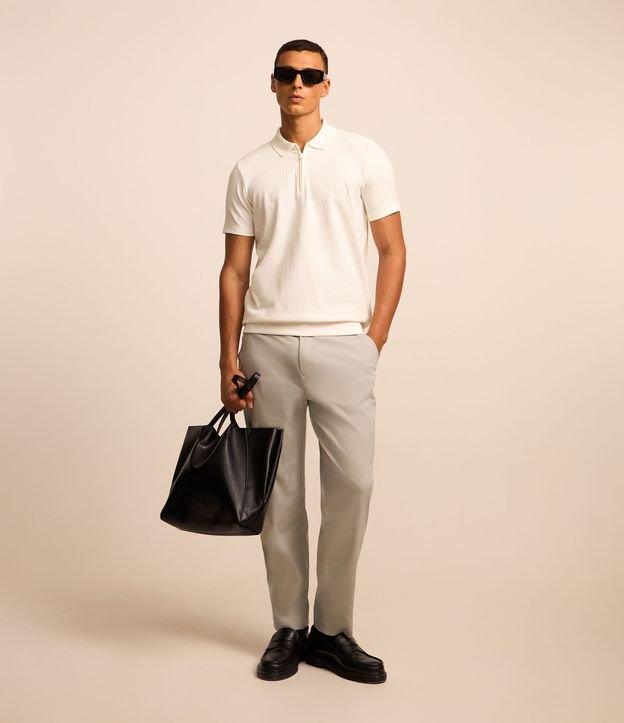 Camiseta Polo Slim em Algodão com Textura e Zíper