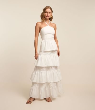 Vestido Evasê Longo em Tricoline com Babados Sobrepostos Vestido Evasê Longo em Tricoline com Babados Sobrepostos