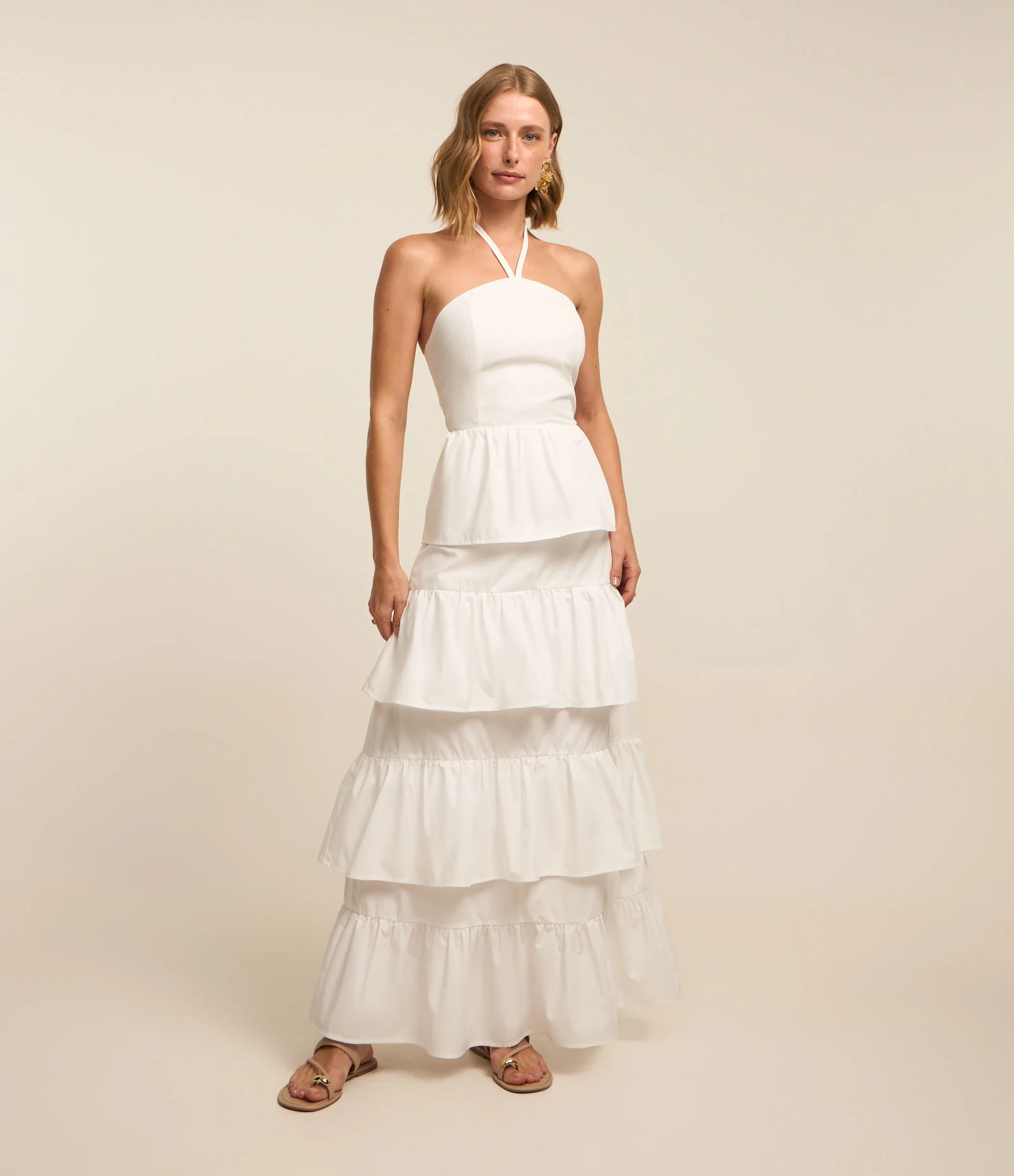 Vestido Evasê Longo em Tricoline com Babados Sobrepostos Branco 1