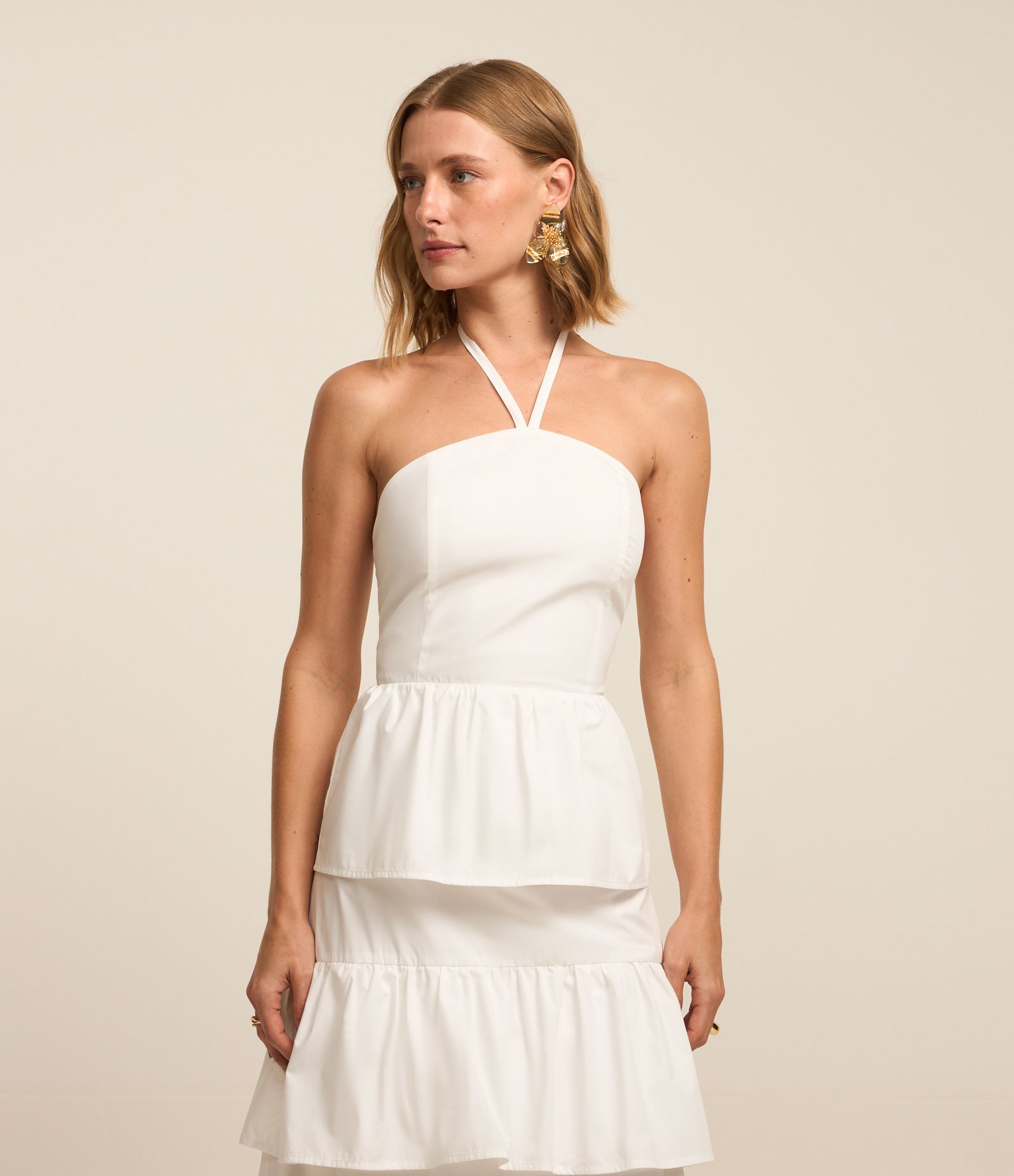 Vestido Evasê Longo em Tricoline com Babados Sobrepostos Branco 2