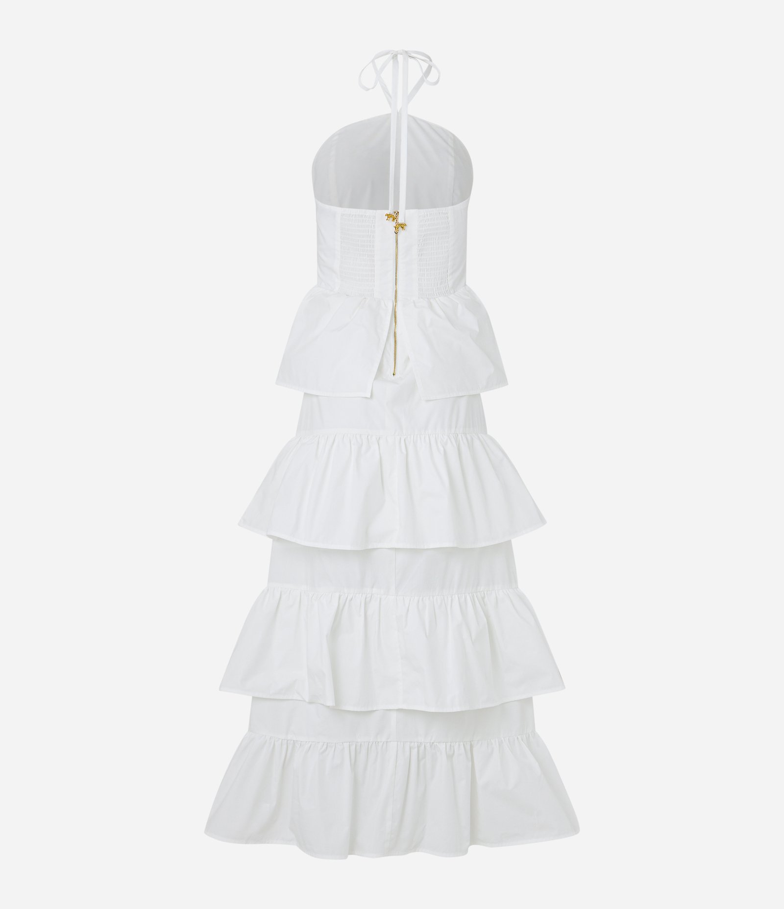 Vestido Evasê Longo em Tricoline com Babados Sobrepostos Branco 6