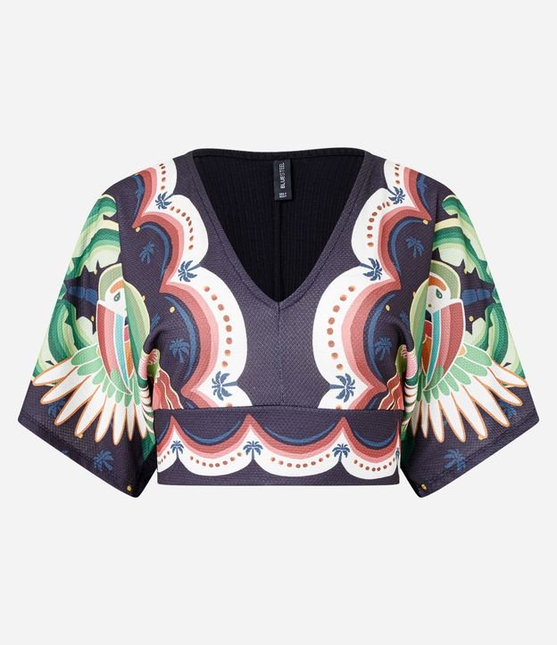 Blusa Cropped Texturizada com Estampa Tucanos
