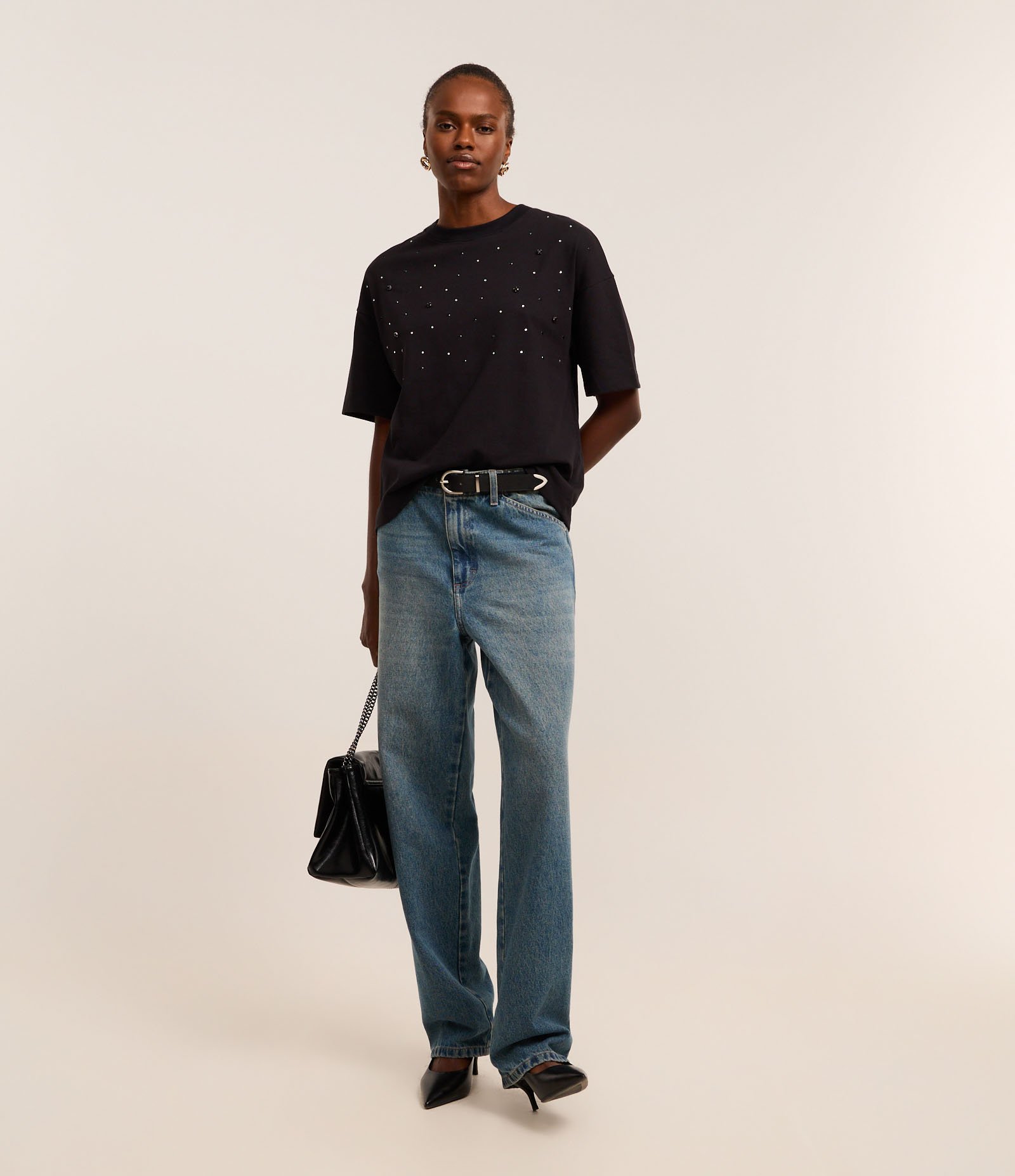 Blusa Boxy Oversized em Algodão com Pedrarias de Strass Preto 2