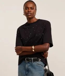 Blusa Boxy Oversized em Algodão com Pedrarias de Strass