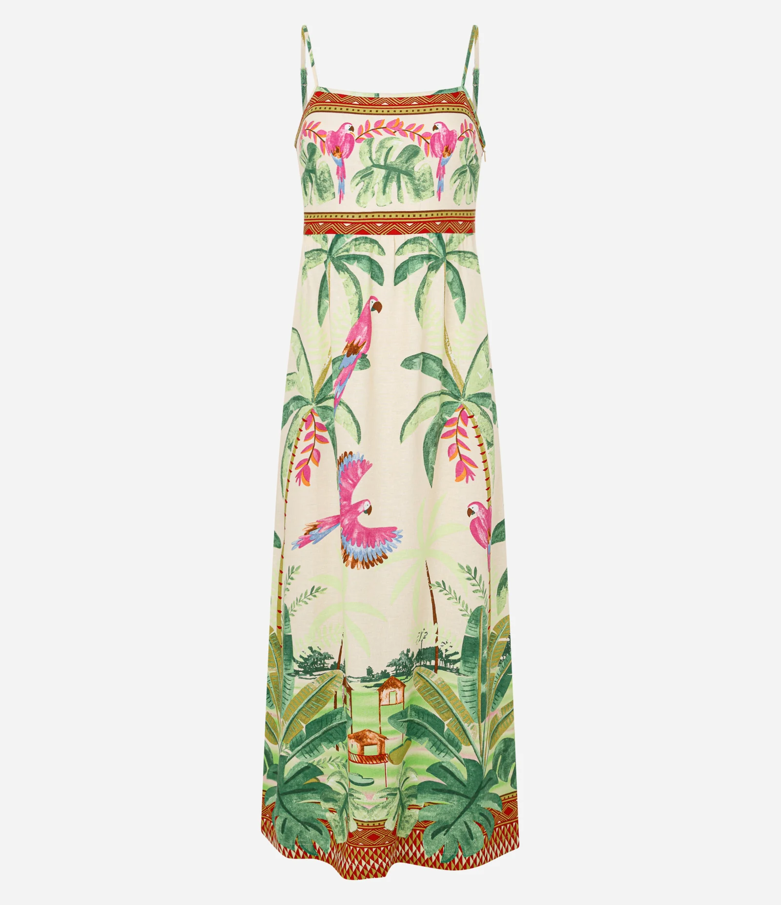 Vestido Longo em Viscose e Linho com Estampa Tropical Bege 1