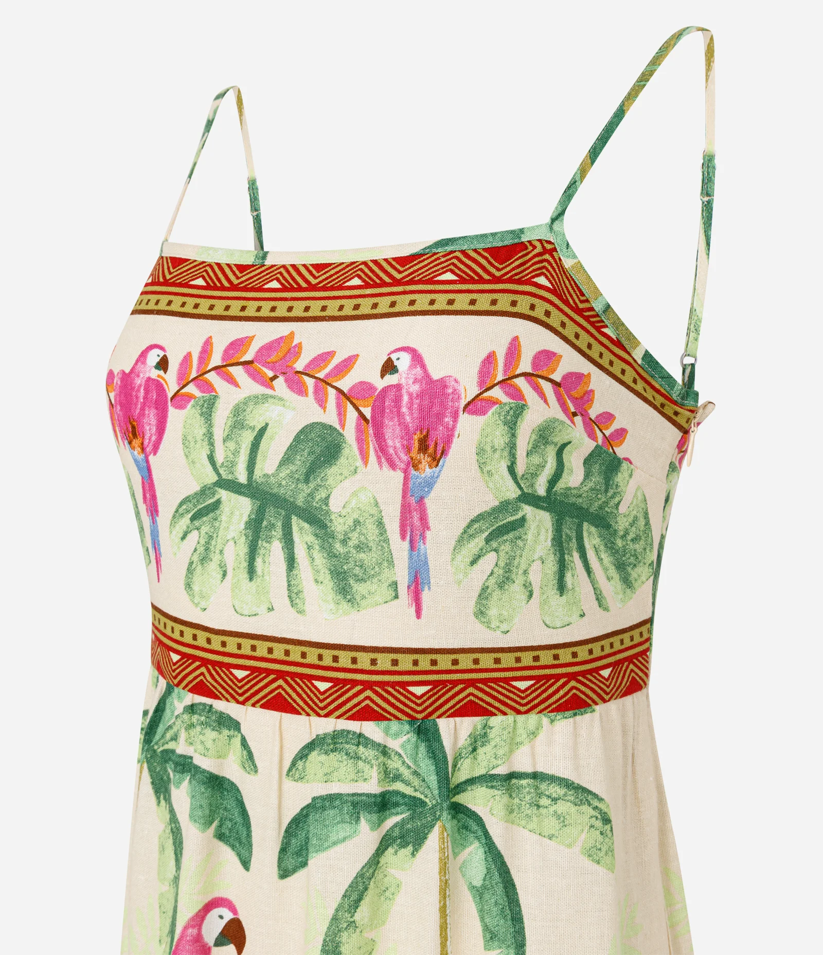 Vestido Longo em Viscose e Linho com Estampa Tropical Bege 2