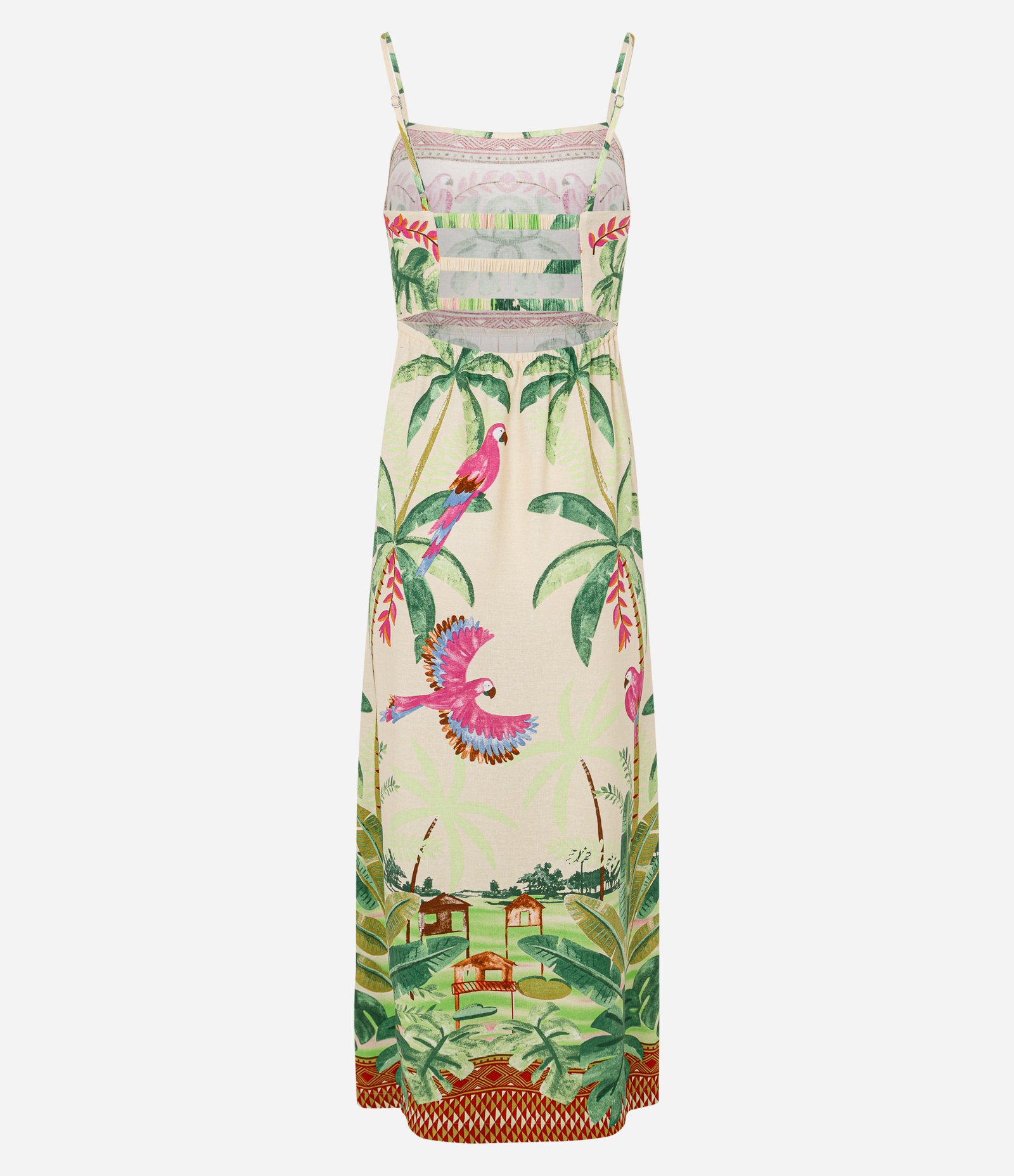 Vestido Longo em Viscose e Linho com Estampa Tropical Bege 3