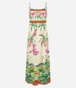 Vestido Longo em Viscose e Linho com Estampa Tropical