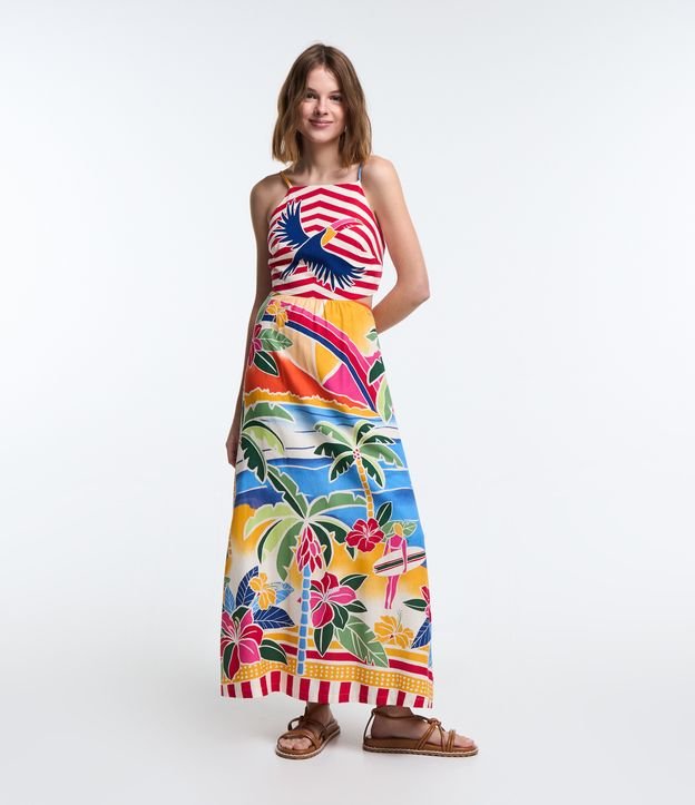 Vestido New Midi em Viscose e Linho com Estampa Tropical