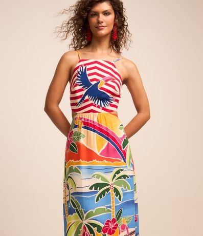 Vestido New Midi em Viscose e Linho com Estampa Tropical Menor preço em Vestido New Midi em Viscose e Linho com Estampa Tropical
