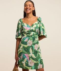 Vestido Curto em Viscose com Manga Evasê e Estampa Garças