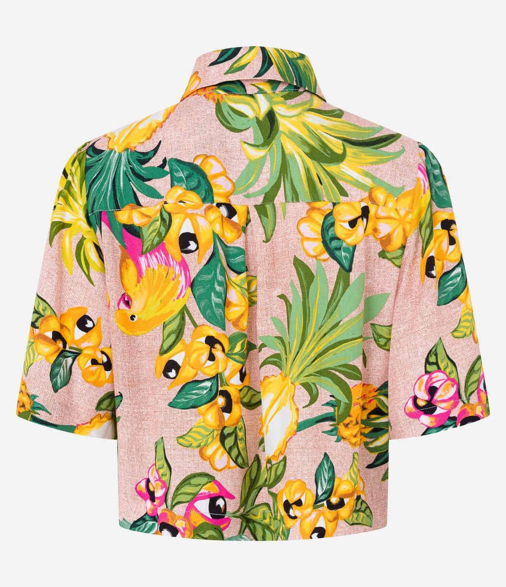 Camisa em Viscose com Pregas e Estampa Tropical Multicores