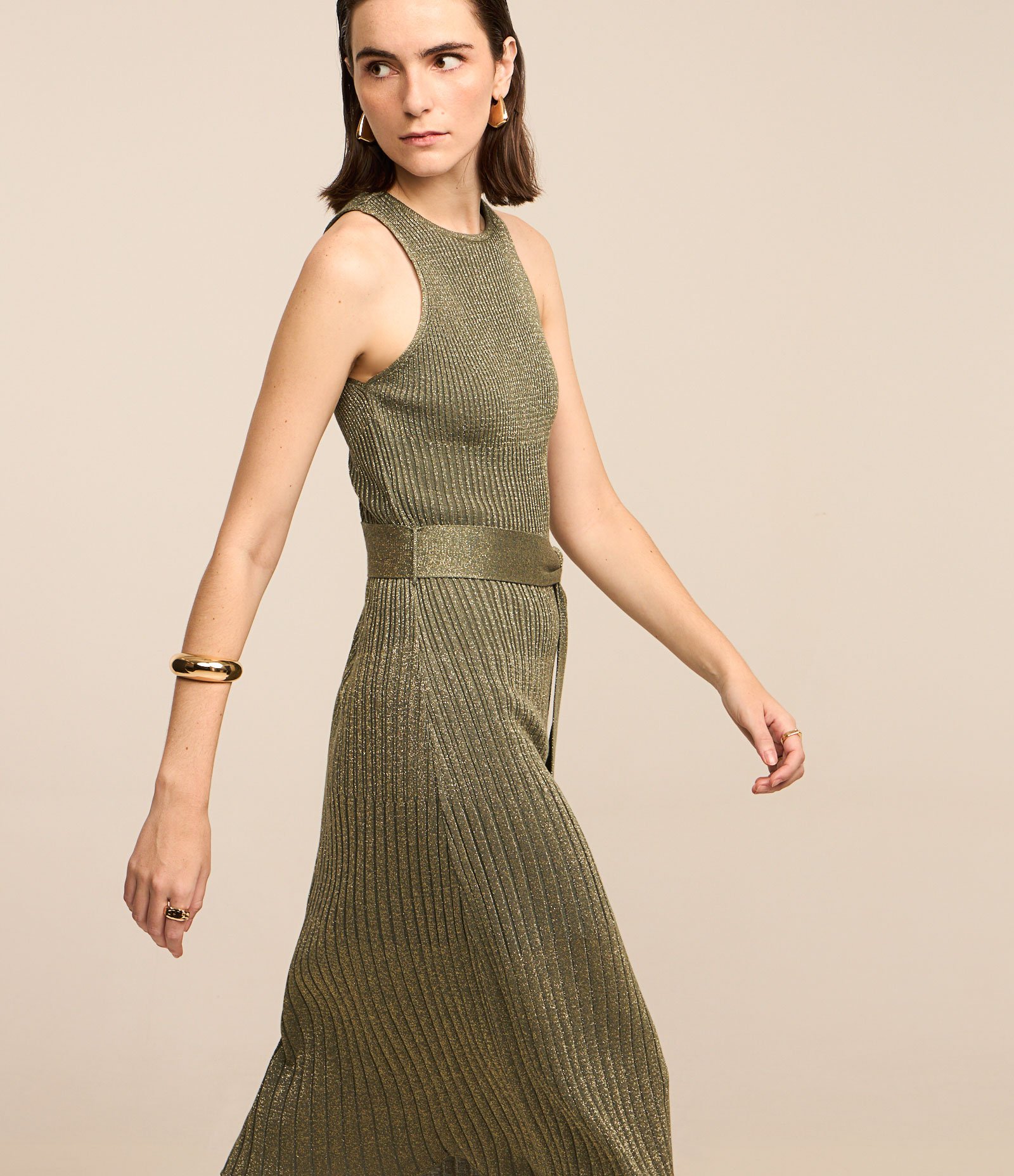 Vestido Midi em Tricô com Amarração e Detalhe Fio Metalizado Verde 6