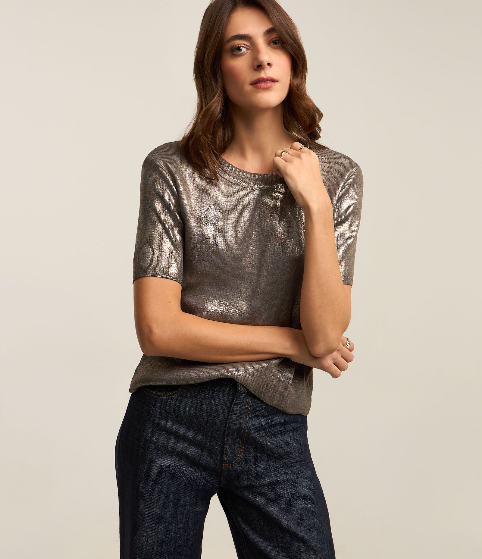 Blusa em Ribana com Superfície em Foil Cinza/ Dourado 1