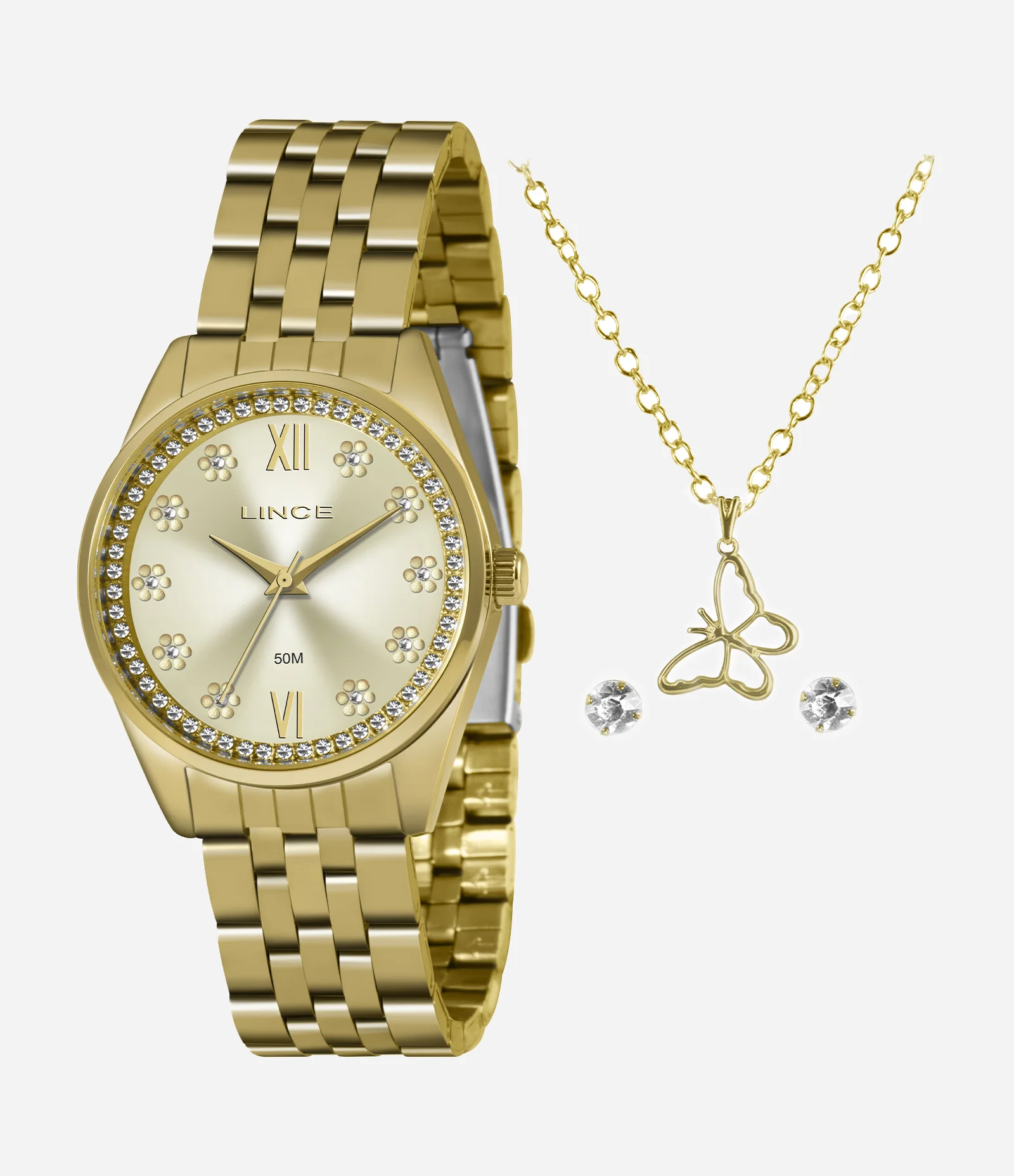 Kit Relógio Lince Feminino Analógico Dourado 1