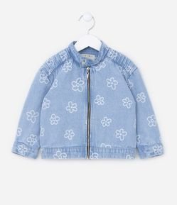 Jaqueta Infantil em Jeans com Detalhe no Ombro e Estampa Floral - Tam 1 a 5 Anos