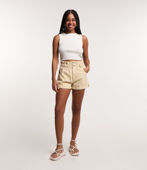 Short Baggy Cintura Alta em Sarja com Elástico no Cós