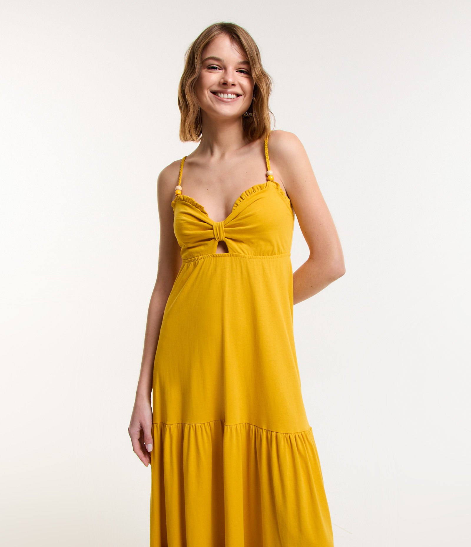 Vestido New Midi em Algodão com Alça Trançada Amarelo 2