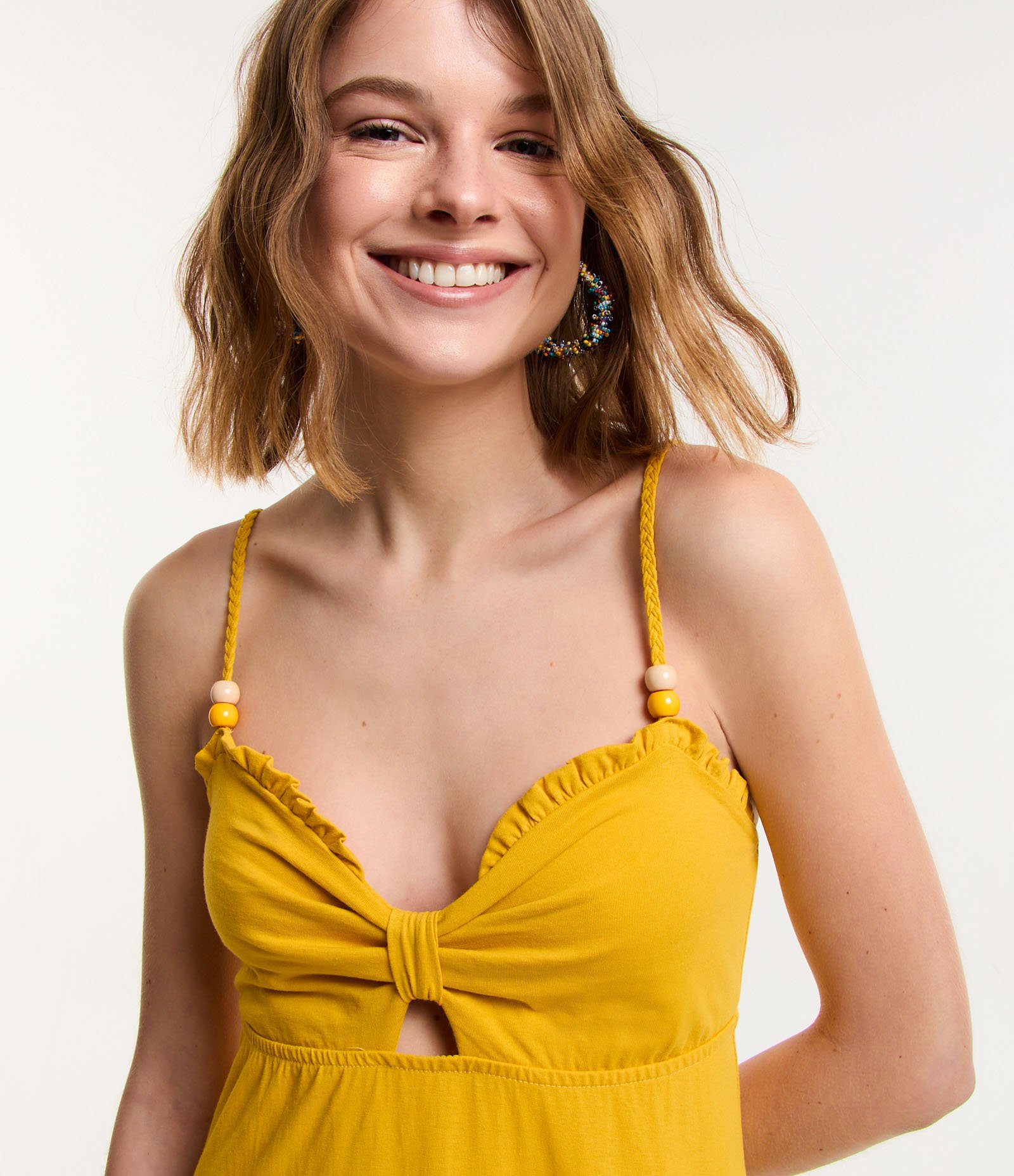 Vestido New Midi em Algodão com Alça Trançada Amarelo 4