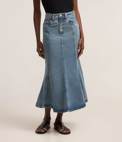 Saia Sereia New Midi em Jeans com Bolsos E Recortes