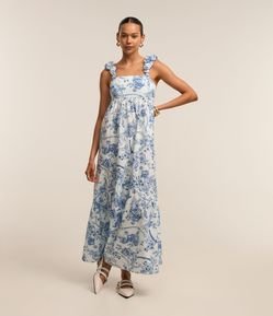 Vestido em Tricoline com Alça Franzida e Estampa Floral