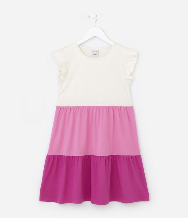 Vestido Infantil em Algodão com Blocos de Cor e Franzidos - Tam 5 a 14 anos