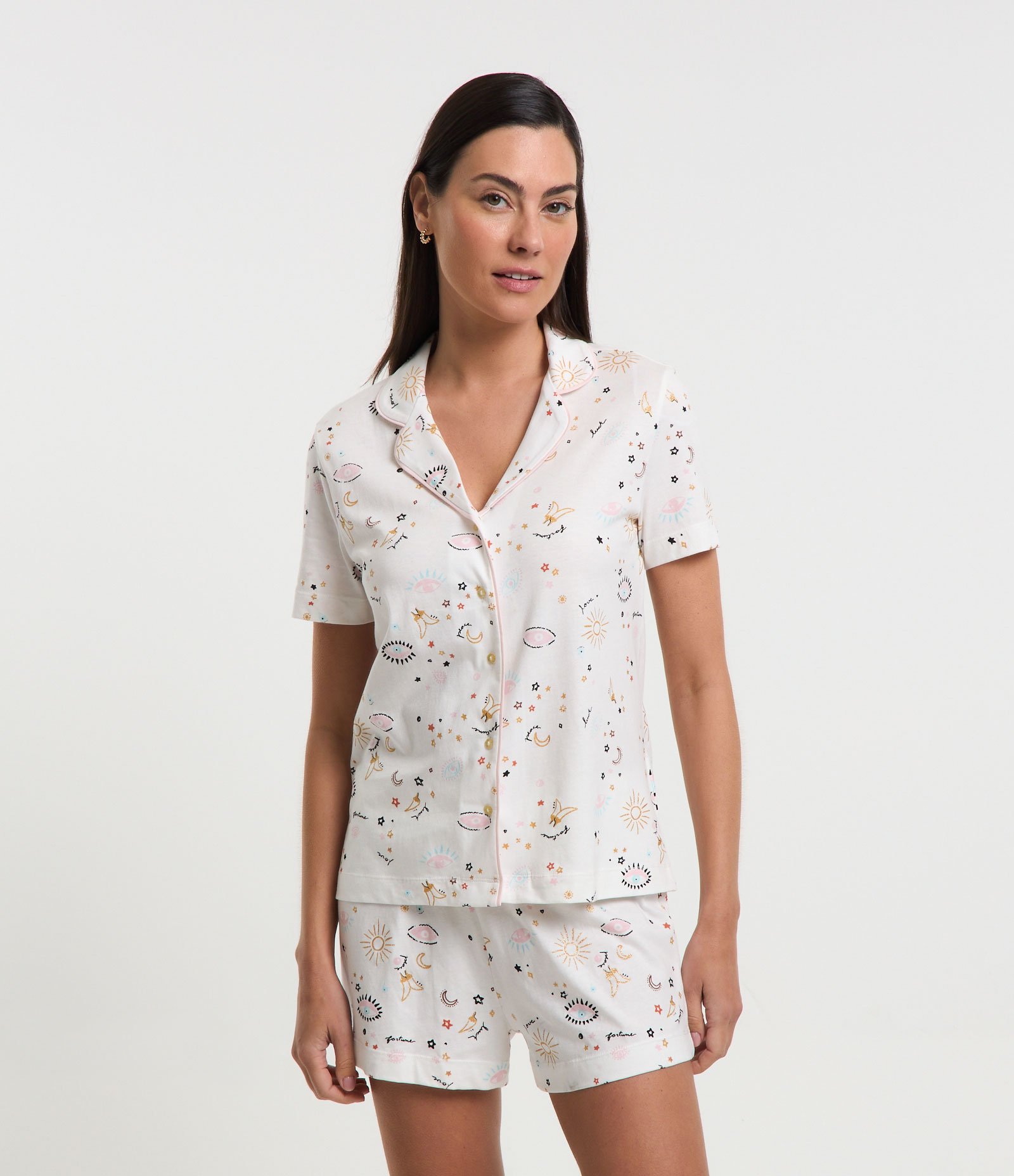 Pijama Short Doll Curto em Algodão com Estampa Olho Grego Branco Neve 1
