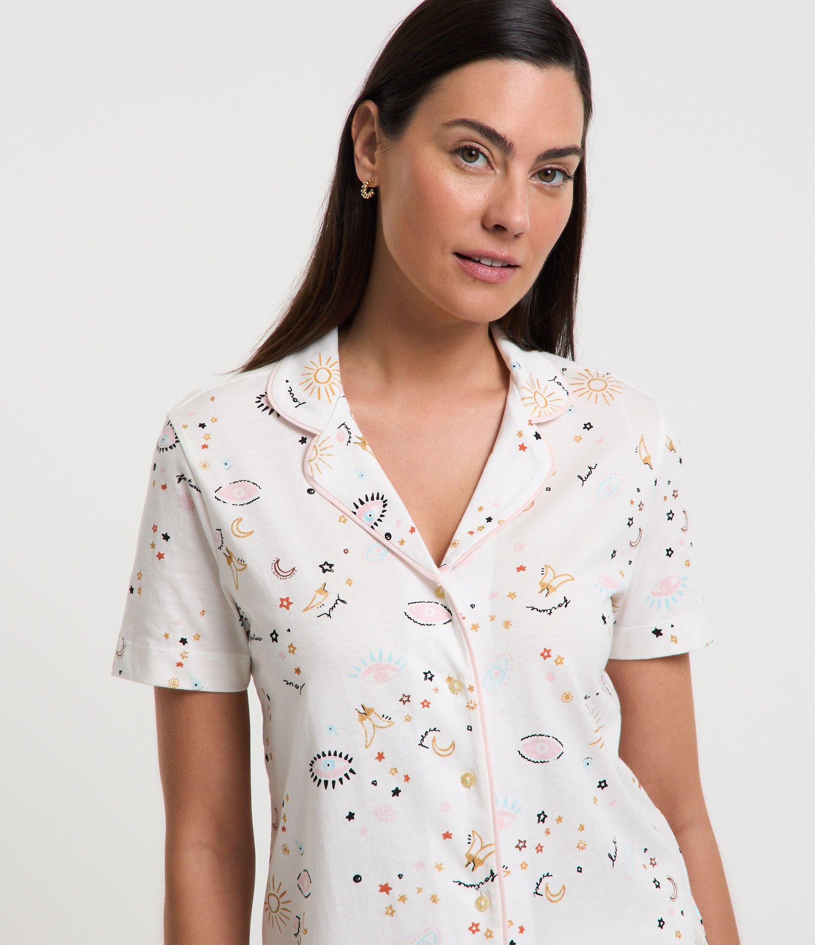 Pijama Short Doll Curto em Algodão com Estampa Olho Grego Branco Neve 3