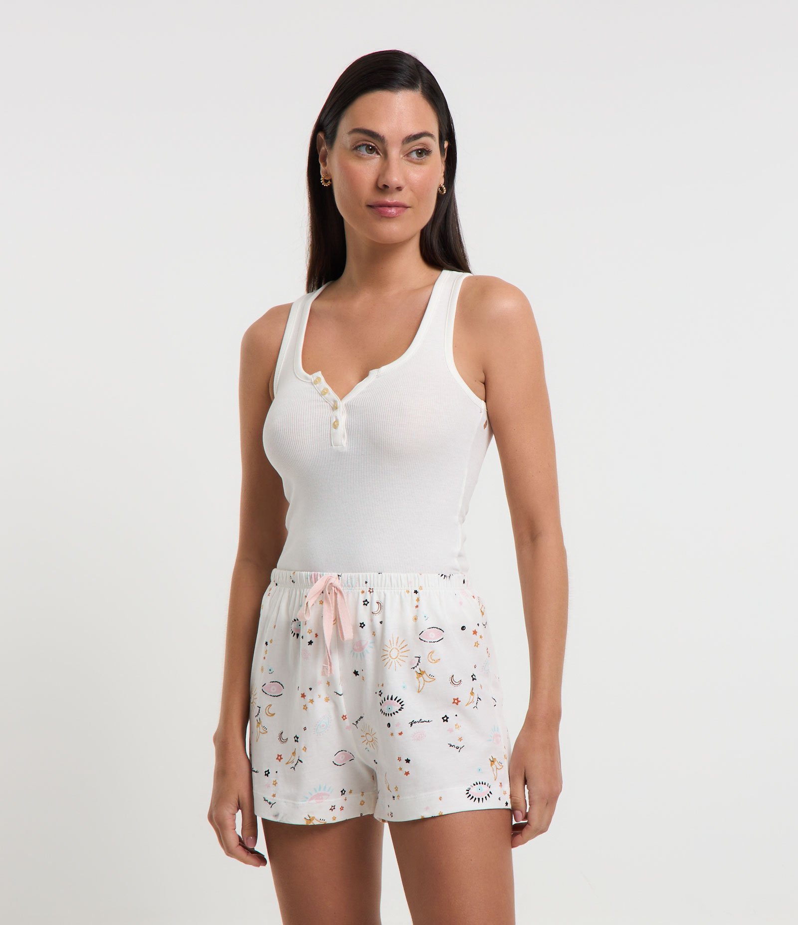 Pijama Short Doll Curto em Algodão e Estampa Olho Grego Branco Neve 1