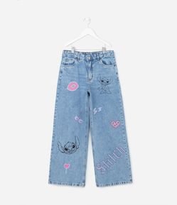 Calça Wide Leg Infantil em Jeans com Estampa do Stitch - Tam 5 a 14 Anos
