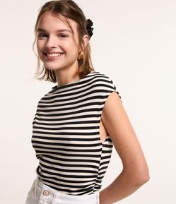 Blusa sem Manga em Ribana com Listras e Franzido Lateral