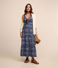 Vestido em Tricoline com Pregas no Busto e Estampa Boho