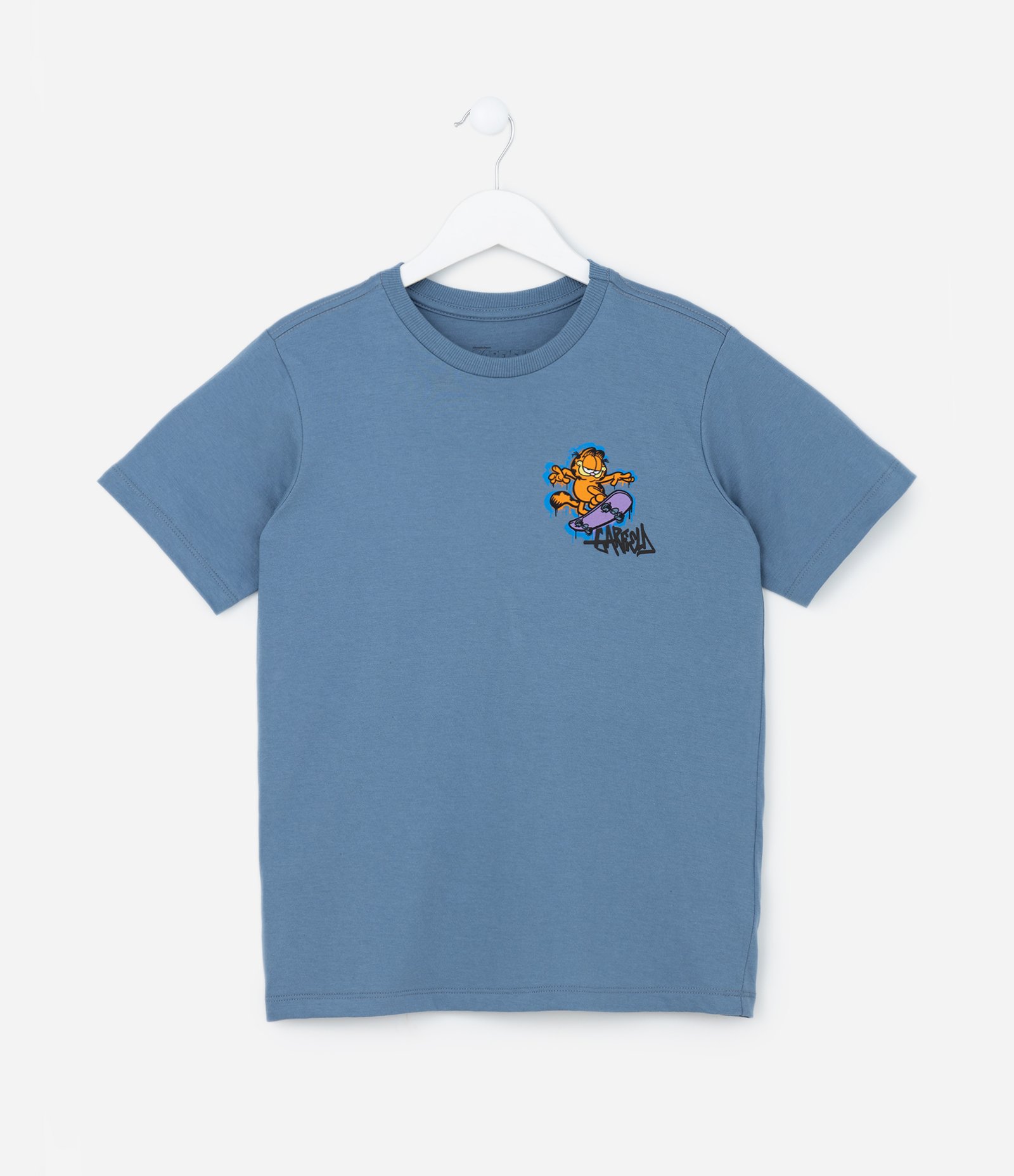 Camiseta Infantil com Estampa Frente e Costas Garfield- Tam 5 a 14 anos Azul 2