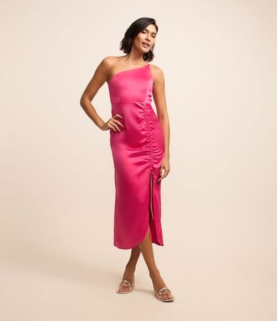 Vestido New Midi em Cetim com Franzidinho e Fenda Vestido New Midi em Cetim com Franzidinho e Fenda