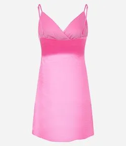 Vestido Curto em Cetim Brilhoso com Decote Transpassado e Botões na Lateral