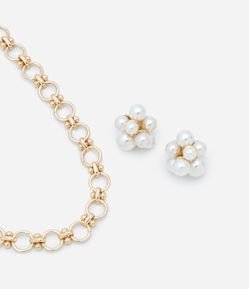 Conjunto de Colar e Brinco Botão com Pérolas
