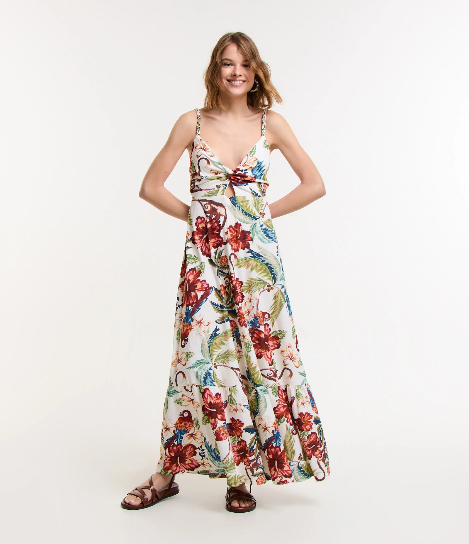 Vestido New Midi em Algodão com Alça Trançada e Estampa Floral Multicores 1