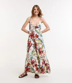 Vestido New Midi em Algodão com Alça Trançada e Estampa Floral