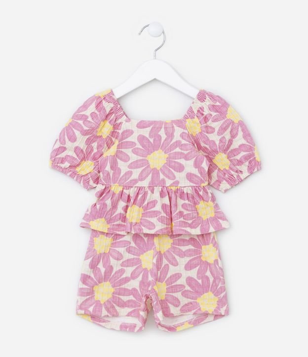 Conjunto Infantil em Algodão Texturizado com Estampa Floral - Tam 1 a 5 Anos
