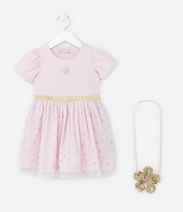 Vestido Infantil em Tule com Estampa de Florzinhas e Bolsa - Tam 1 a 5 Anos