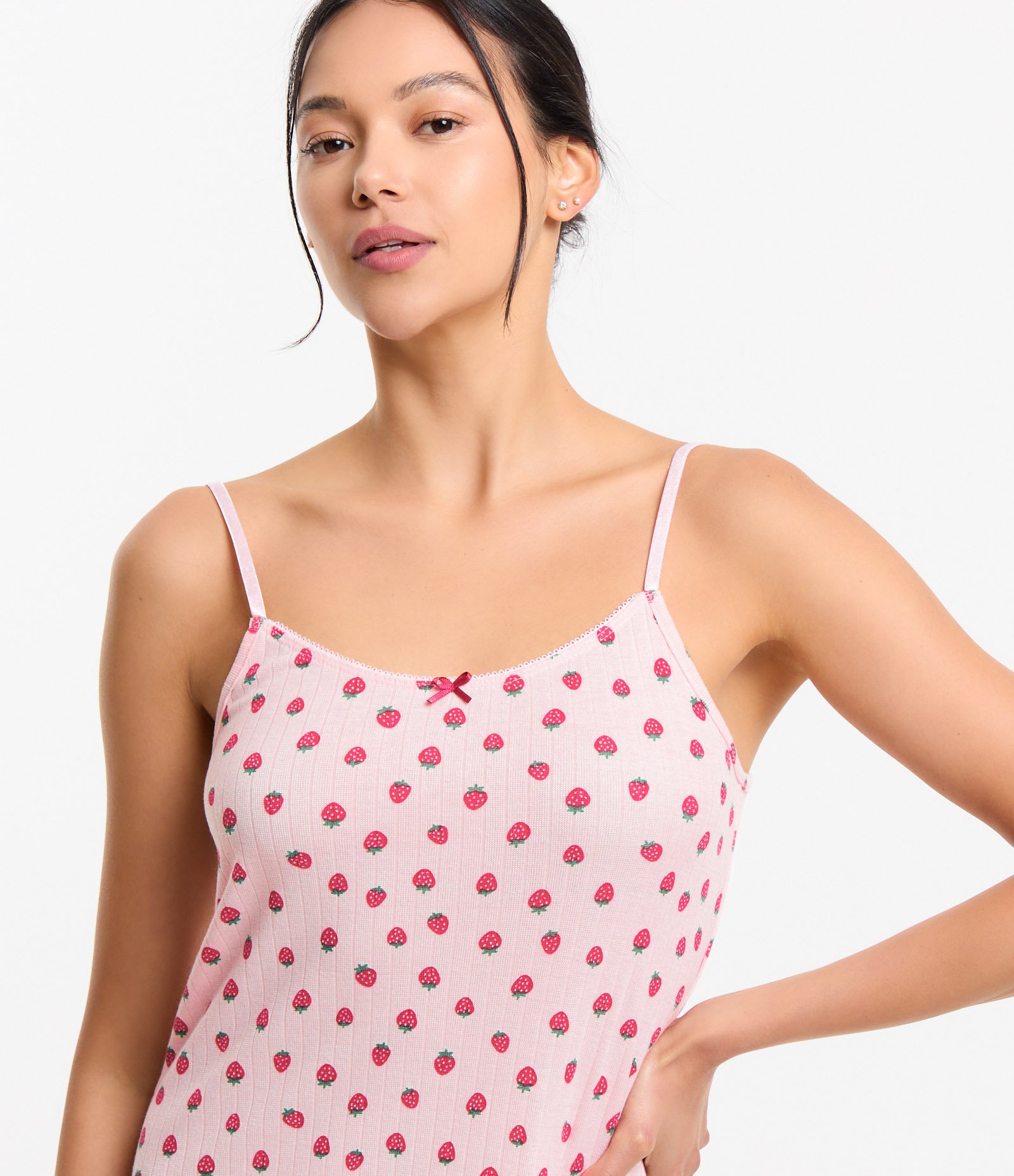 Camisola de Alça em Ribana com Morangos Estampados Rosa 3