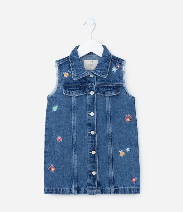 Vestido Infantil Jeans com Botões e Bordadinhos - Tam 1 a 5 Anos