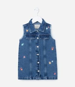 Vestido Infantil Jeans com Botões e Bordadinhos - Tam 1 a 5 Anos
