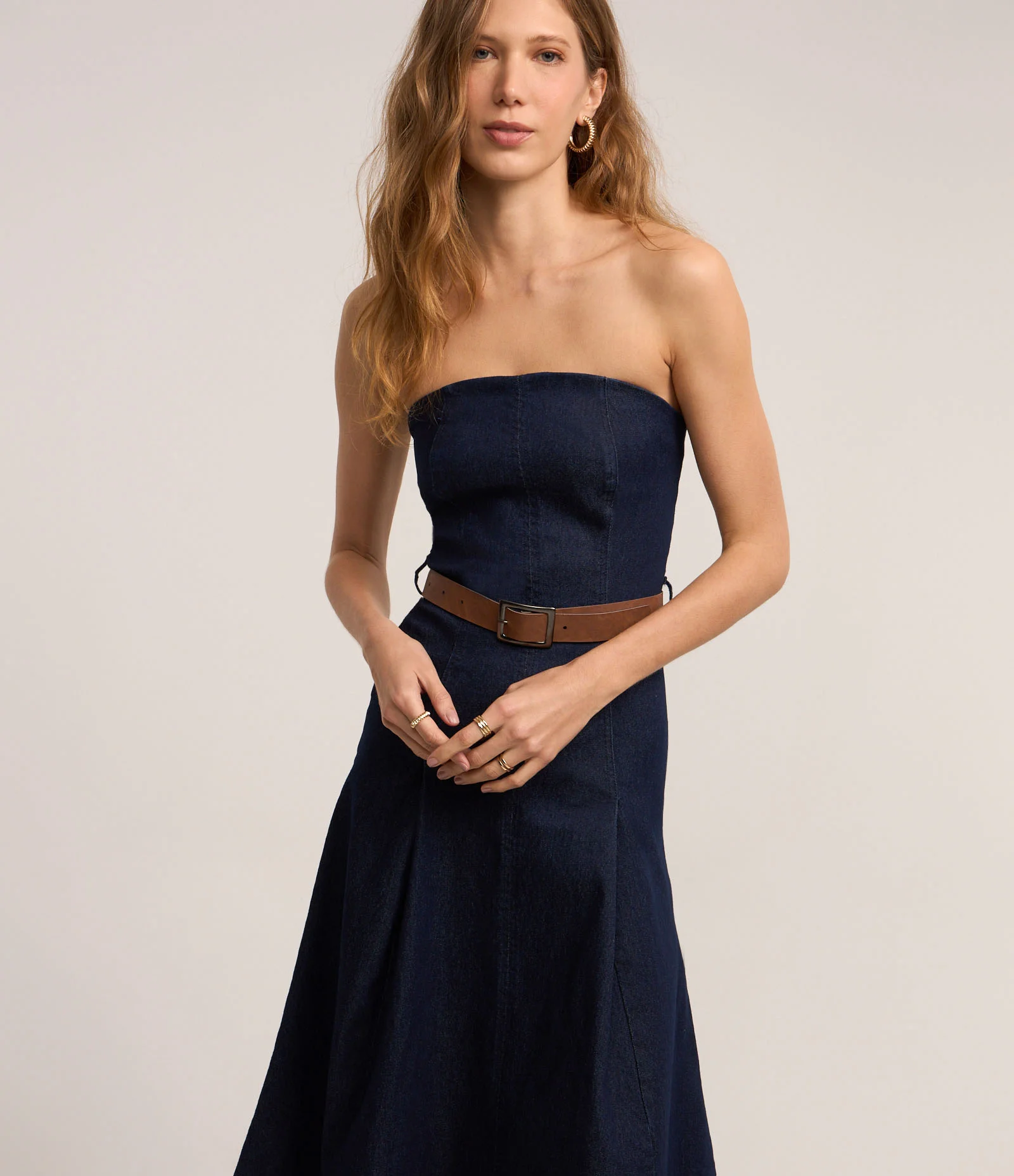 Vestido Midi Tomara Que Caia em Jeans com Pregas Azul 1