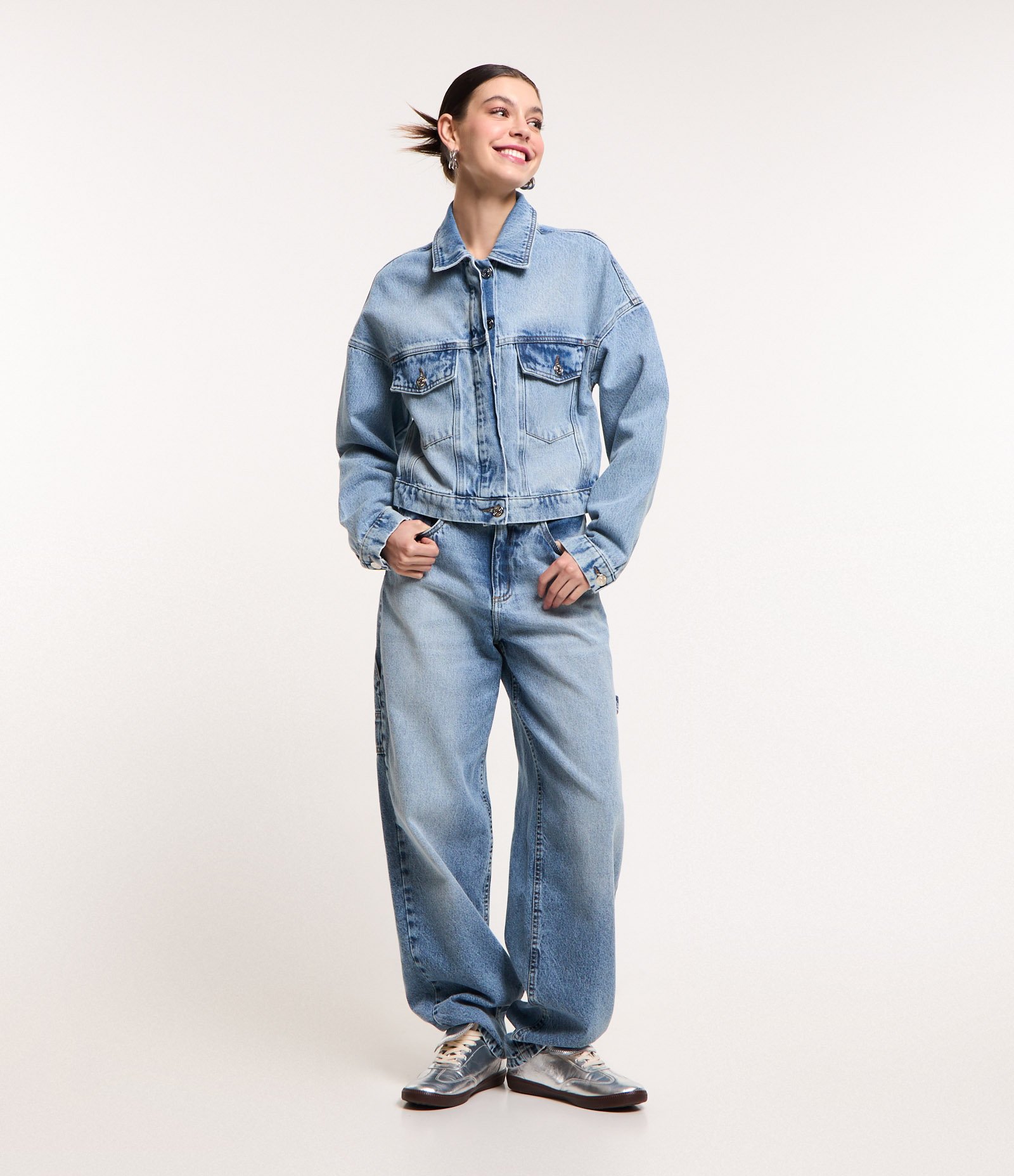 Calça Balloon em Jeans com Fivelas nas Laterais Azul 1