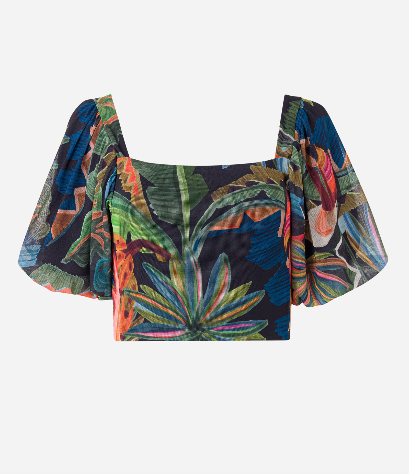 Blusa Cropped em Tule com Estampa Floral Preto 5