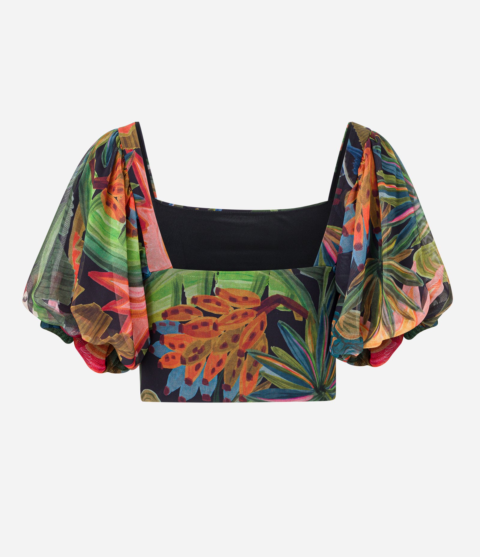 Blusa Cropped em Tule com Estampa Floral Preto 7