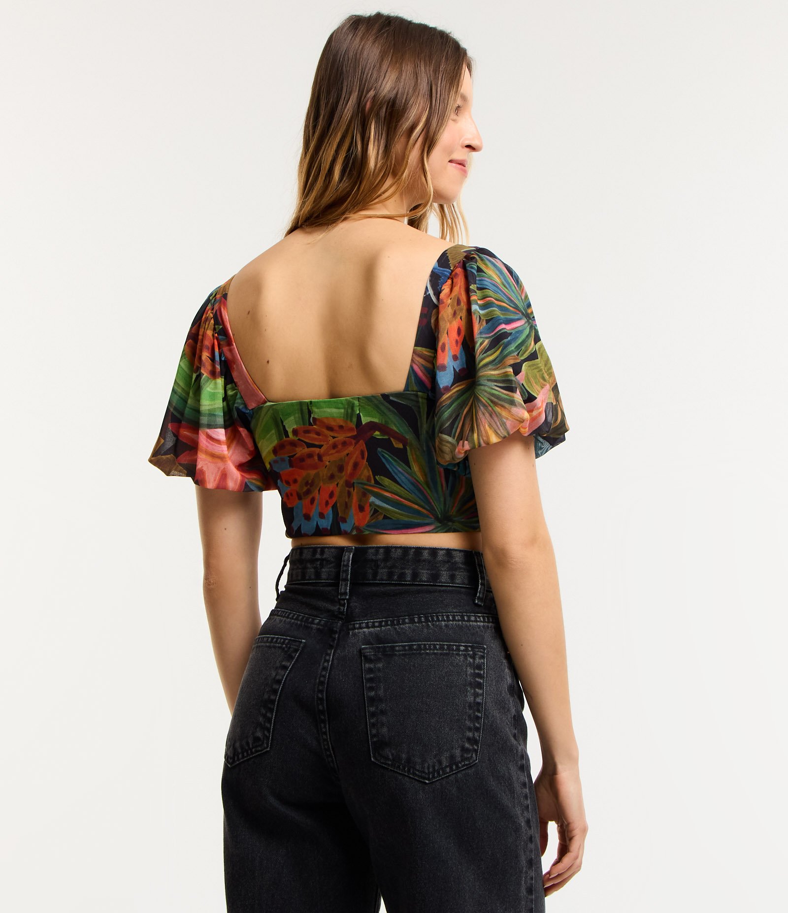 Blusa Cropped em Tule com Estampa Floral Preto 3